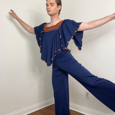 70s Flared leg rainbow embroidered jumpsuit with scarf-style bodice 