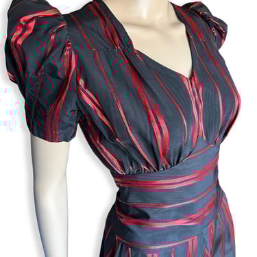 RARE Vintage Late 1930's Black + Blood Orange Red Chevron Striped Puff Sleeve Dress - size Small XS 