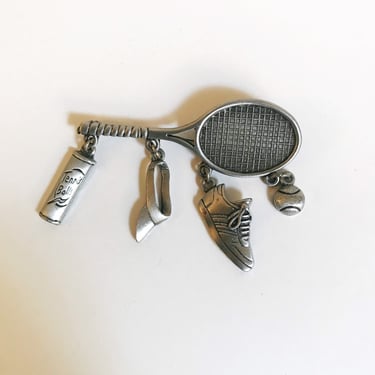 Vintage JJ Pewter Tennis Racquet Brooch Pin Vintage Silver Tone Tennis Racket Dangling Charms Brooch Lapel Pin Jonette Jewelry 