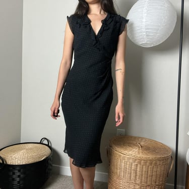 vintage 90s black silk rainbow polkadot ruffle trim v neck faux wrap midi dress by express 