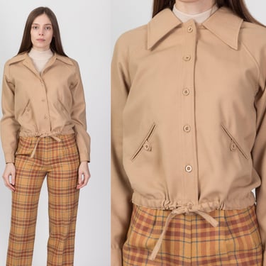70s Tan Cropped Cinched Waist Jacket - Small to Medium | Vintage College Town Button Up Collared Windbreaker 