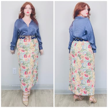 1990s Vintage Susan Bristol Linen Maxi Skirt / 90s High Waisted Elastic Floral Skirt / Size XL 