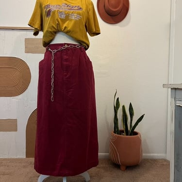 Vintage 90s Red Cotton Utility Midi Skirt 