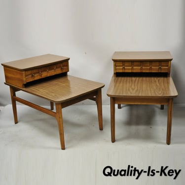 Mersman Mid Century Modern Walnut and Laminate Step Side End Tables - a Pair