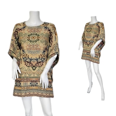 1970's Beige Tapestry Print Angel Wing Mini Dress I Sz Sm I Hippie Dress 