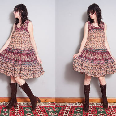Vintage 1970's | Floral | India Cotton | Empire Waist | Sleeveless | Dress | S/M 