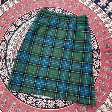 Vintage ‘70s wool plaid tartan skirt | below the knee, preppy, blue & green, ladies M/L 