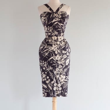 Stunning 1950's Beaumelle Originals Botanical Print Cotton Resort Dress / SM