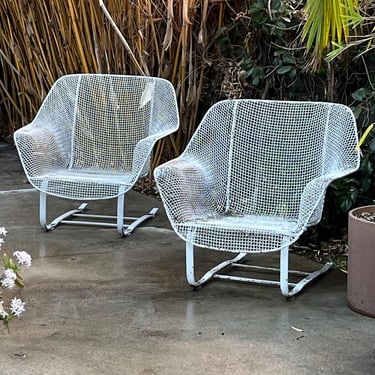 Pair of midcentury Sculptura wire rocking patio chairs by Russel Woodard 