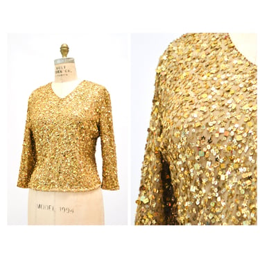 90s 2000s Y2K Vintage Gold Metallic Sequin Shirt Top Flower Star Sequin top Pop art// Vintage Metallic Sequin top Size Medium Large 