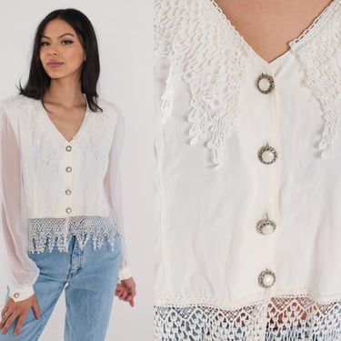 White Blouse 90s Crochet Lace Trim Button up Fringe Crop Top Long Sheer Sleeve Collared Shirt Bohemian Retro Cropped Vintage 1990s Medium M 