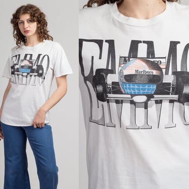 90s Emmo Marlboro Racing Team T Shirt - Medium to Large | Vintage Unisex White Graphic Indycar Race Car Tee 