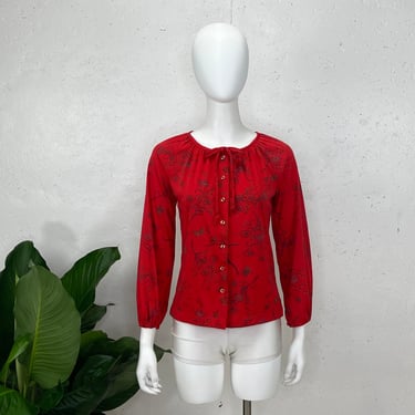 Vintage 1970s Rhonda Lee Red Floral Long Sleeve Blouse 