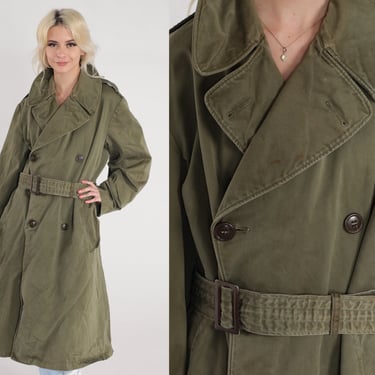 Olive Green Trench Coat 70s Double Breasted Button up Knee Length Jacket Military Army Belted Peacoat Long Seventies Vintage 1970s Medium 
