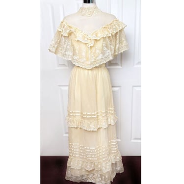 Vintage 1970s VICTORIAN Bridal Gown, Ivory Lace Long Evening Wedding Dress, NEW, Gibson Girl Maxi Dress 