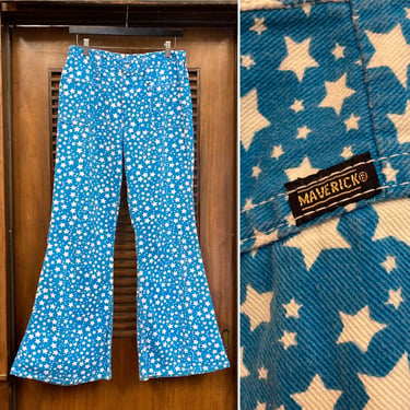 Vintage 1960’s w29 Peter Max Style Maverick Glam Mod Flare Bellbottom Denim Jeans Pants, 60’s Vintage Clothing 