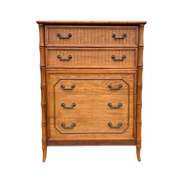 Faux Bamboo Tallboy Dresser Chest with 5 Drawers by Broyhill - Vintage Hollywood Regency Palm Beach Coastal Brown Wooden Rattan Furniture 