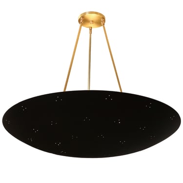 Custom Perforated Black Metal & Brass Conical / Convex Pendant Chandelier
