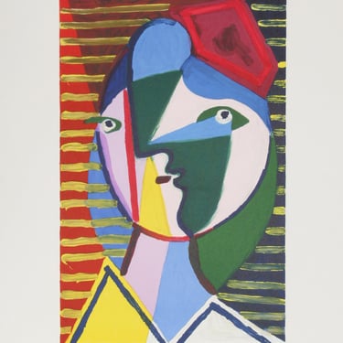 Visage de Femme sur Fond Raye, Pablo Picasso (After), Marina Picasso Estate Lithograph Collection 