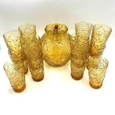 Anchor Hocking Lido Milano Honey Gold Pitcher and Tumblers, Crinkle Texture Glasses, Retro Amber  Bumpy Glass, Vintage Glassware 