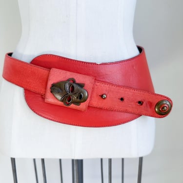 Vintage 1980s Burnt Orange Leather Tribal Belt / 27