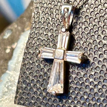 Sterling Silver Crystal Cross Pendant Necklace Vintage Religious Jewelry Gift 