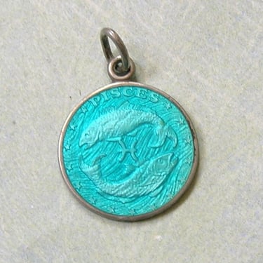 Vintage Sterling Enamel Pisces Zodiac Pendant, Vintage Pisces Pendant, Sterling and Blue Enamel Zodiac Medal, Thomae Charm (#4410) 