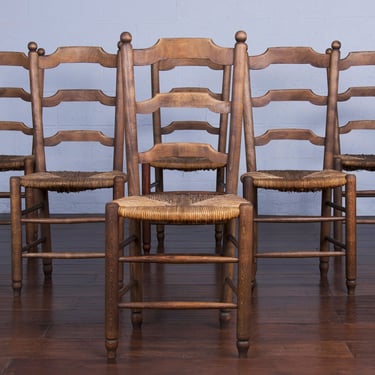 Antique Country French Ladder Back Maple Farmhouse Dining Chairs W/ Rush Seats - Set of 6 