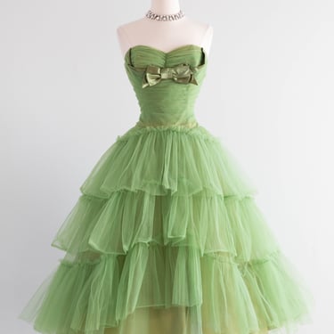 Enchanting 1950's Emma Domb Moss Green Sweetheart Party Dress / M