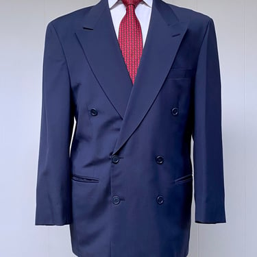 Vintage Cacharel Pour L'Homme Navy Blue Double-Breasted Blazer, Tropical Weight Wool Sport Coat with Peak Lapels, Size 42R, VFG 