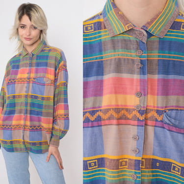Geometric Checkered Shirt 80s 90s Southwestern Plaid Button Up Blouse Zig Zag Chevron Collared Vintage Long Sleeve Blue Pink Taupe Large 