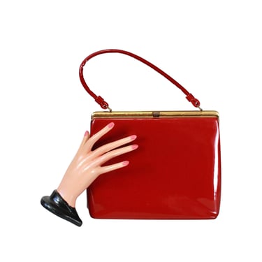 1950s Candy Apple Red Patent Leather Kelly Handbag - 1950s Red Leather Handbag -  1950s Kelly Style Handbag - 1950s Red Patent Leather Purse 