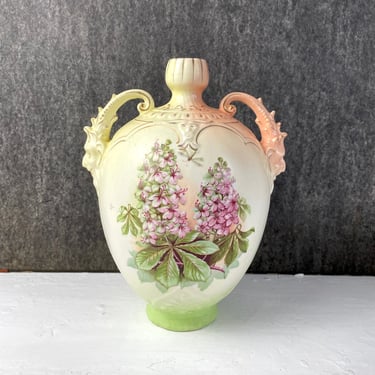 Floral urn with figural gargoyle handles - vintage decorative ceramic 