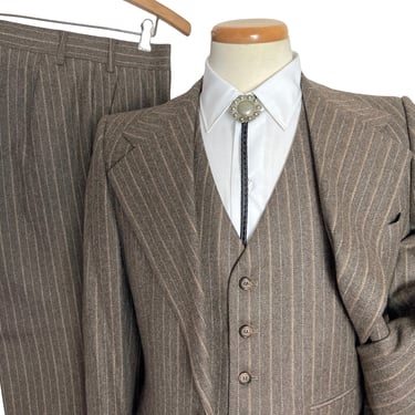 Vintage 1970s PIERRE CARDIN Wool Flannel 3pc Suit ~ 36 to 38 Long ~ vest / waistcoat ~ pants / jacket / sport coat ~ Chalk Stripe 