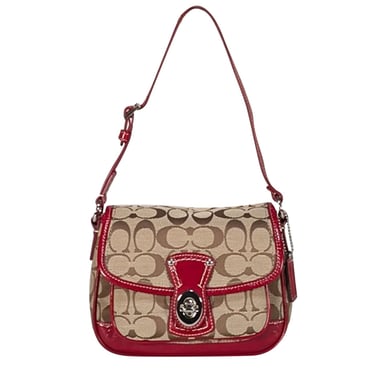 Coach - Beige Monogram Canvas Shoulder Bag w/Red Patent Leather Trims
