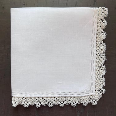 Hanky Tatted white linen 12” Gift Q 