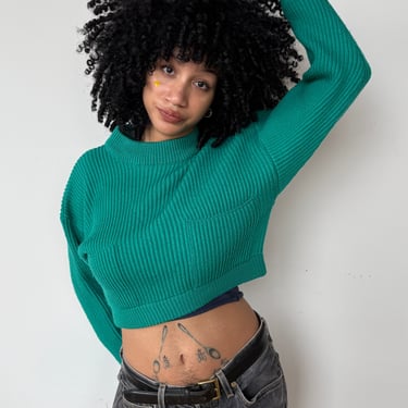 1980s Green Cropped Knit Sweater, sz. M-L