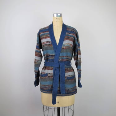 Vintage 1970s belted cardigan sweater, space dyed, intarsia, acrylic 