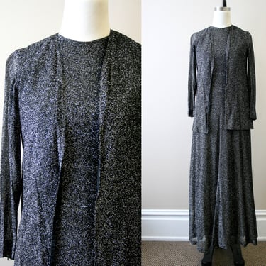 1970s Futura Couture Black and Silver Sparkle Maxi Dress and Vest 