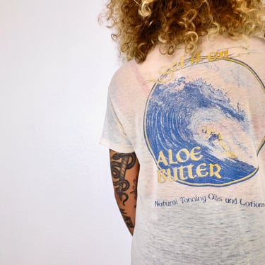 Surfer Get it On Shirt // vintage 70s 80s cotton boho tee t-shirt t top blouse thin hippy surf suntan lotion // O/S 