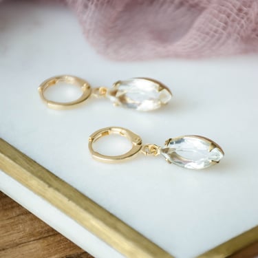 bridal crystal earrings, clear Swarovski bridesmaid wedding jewelry, Regency Art Deco marquise huggie hoop drop earrings, gift for her 