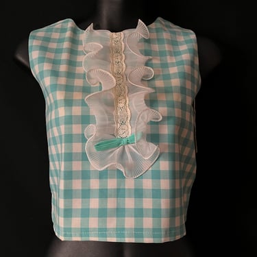 1960s gingham cropped tank top mod aqua ruffled sleeveless blouse small 