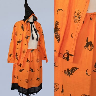 RARE Antique Halloween Dress / 1920s-30s Hooded Witch Cape and Dress / Novelty Print with Black Cats, Bats, JackOLanterns, Witches, Moons 