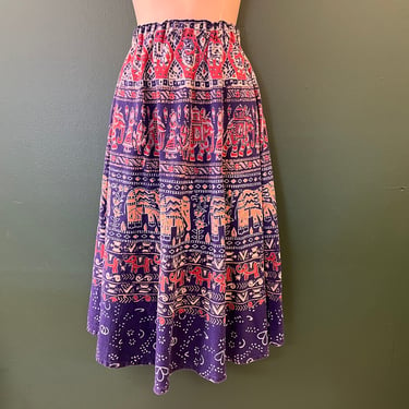vintage elephant hippie skirt 1970s batik cotton full skirt large 