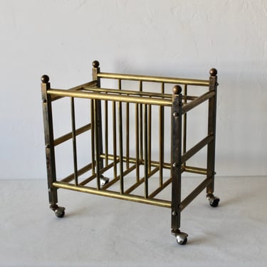 Hollywood Regency Brass Canterbury Book Magazine Rack Crate with Ball Castor Sphere Finials Detail Vintage 