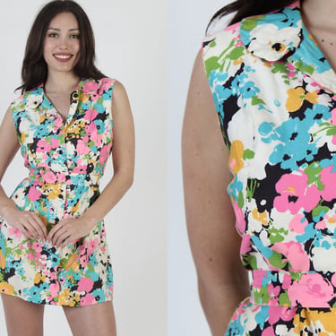 Vintage 70s Mod Op Art Dress, Bright And Bold Floral Hawaiian Tiki Print, Belted Cocktail Party Cotton Luau Dress 