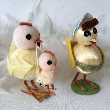 Vintage Easter Chicks Set Of 2, Easter Basket, Pipe Cleaners, Satin Ball, Flocked Ball Easter Chicks 