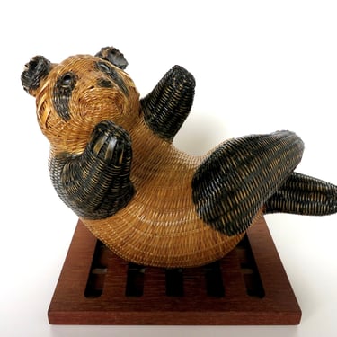 Vintage Hand Woven Wicker Panda Bear, Large Shanghai Handicraft Sculpture , Chinese Rattan Crafts 