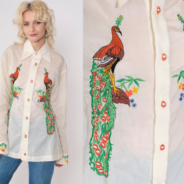 70s Peacock Shirt Sheer Embroidered Bird Top Vintage Off-White Organza Hippie Button Up Boho Long Sleeve Blouse Bohemian Vintage Medium 