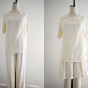 1990s Cream Linen Three Piece Set, with Blouse, Pants, and Shorts 